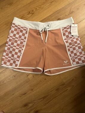 Roxy Women's Peach and White Checkerboard Swim Shorts